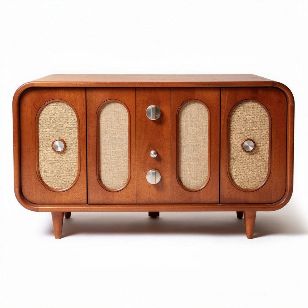 Retro wooden storage cabinet with woven fabric doors 80 x 40 x 50cm