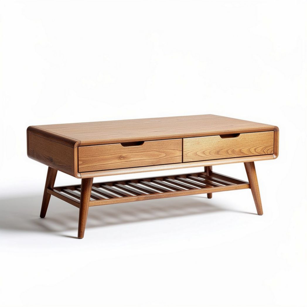 Wooden coffee table with storage drawers and lower slatted shelf 120 x 60 x 45cm