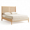 Wooden bed frame with slatted headboard and beige upholstery queen size
