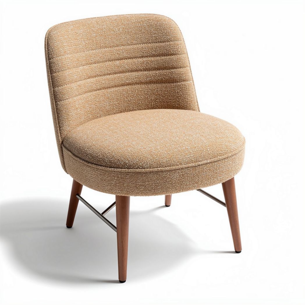 Mid-century modern accent chair with beige fabric upholstery and wooden legs 70 x 70 x 75cm