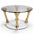 Glass top coffee table with gold metal legs and marble base 90 x 90 x 40cm