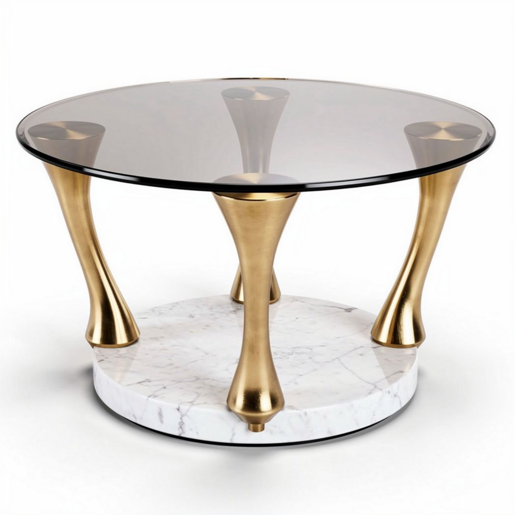 Glass top coffee table with gold metal legs and marble base 90 x 90 x 40cm