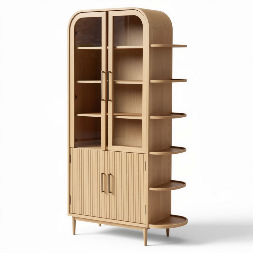 Wooden display cabinet with glass doors and open shelving 80 x 40 x 180cm