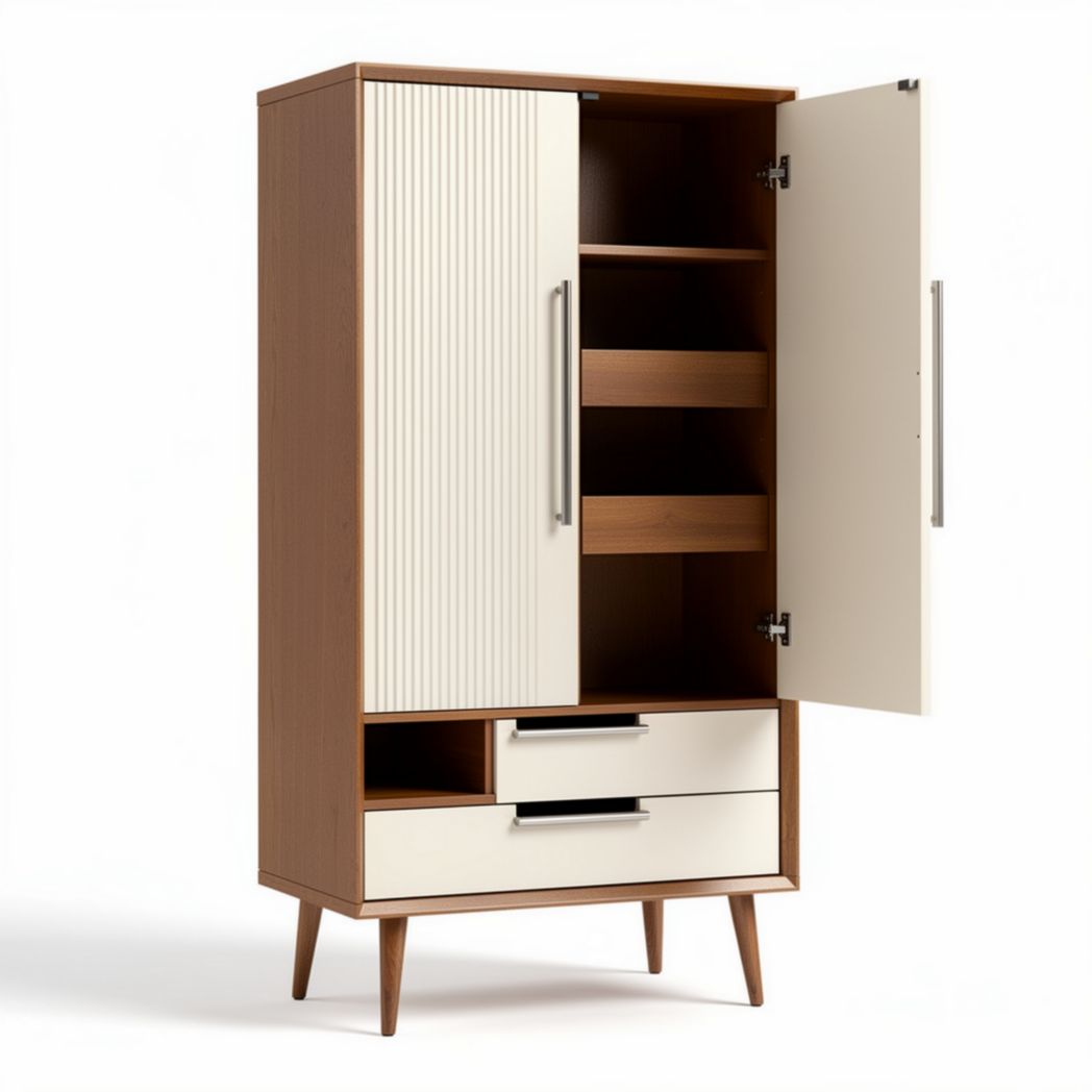 Wooden storage cabinet with doors and drawers 80 x 40 x 180cm in cream and brown