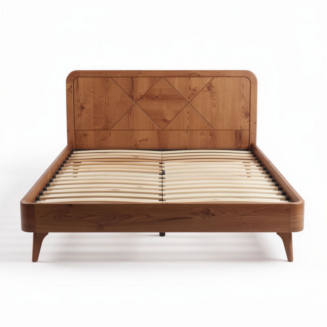 Wooden bed frame with slatted base and geometric headboard design 200 x 160 x 30cm
