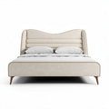 Upholstered platform bed in light beige with tufted headboard size 210 x 160 x 100cm