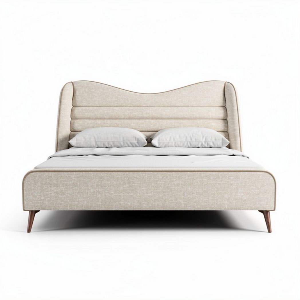 Upholstered platform bed in light beige with tufted headboard size 210 x 160 x 100cm