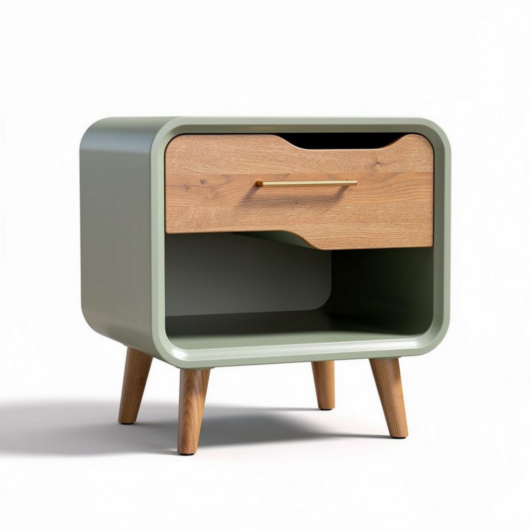 Green nightstand with wooden drawer and open storage space 45 x 40 x 40cm