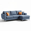 Blue fabric sectional sofa with chaise and orange accent pillows 200 x 100 x 85cm