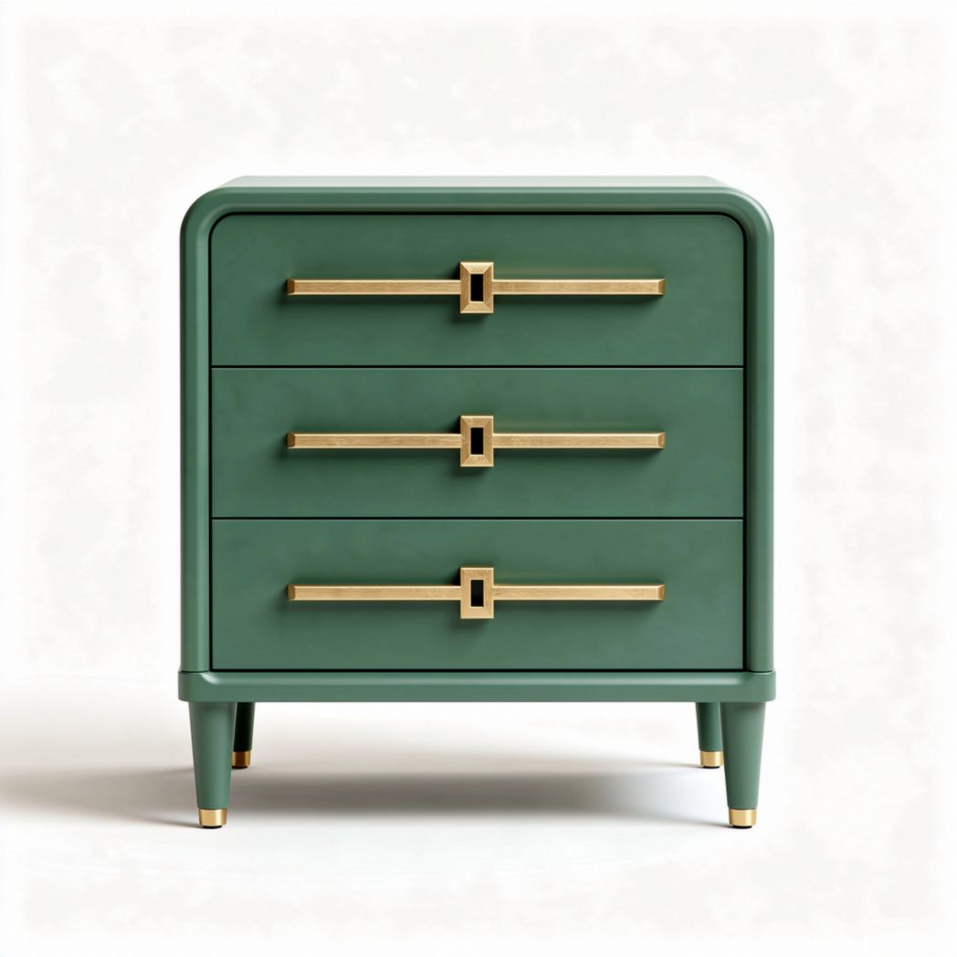 Green nightstand with three drawers and gold handles 45 x 40 x 60cm